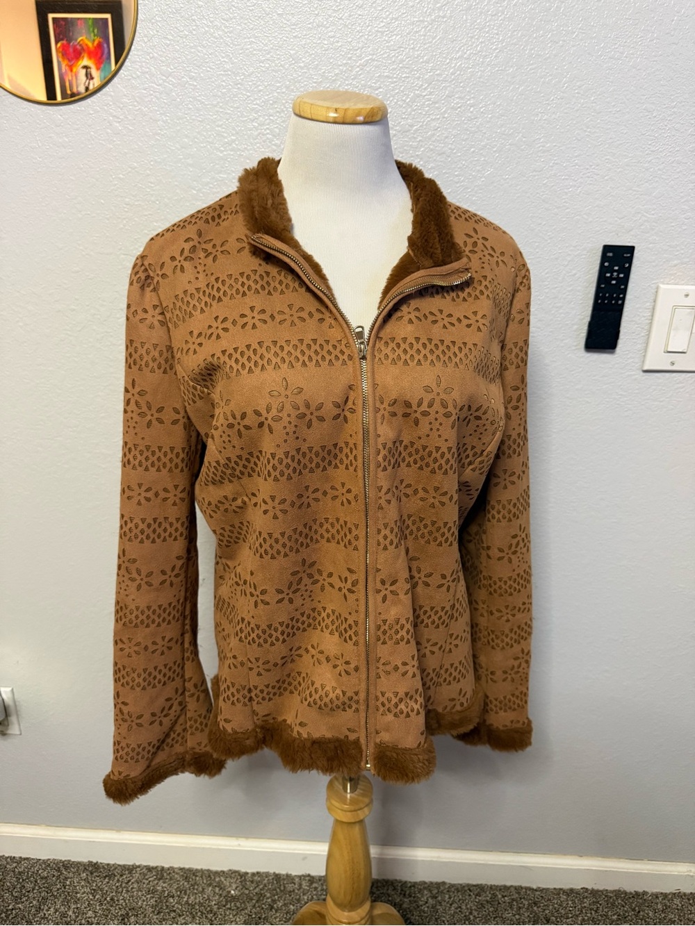 603-Colleen Lopez Brown Faux-Fur Trim Zip Front Jacket